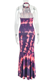 Purple Orange Elegant Print Patchwork O Neck Long Dresses