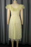 Yellow Party Elegant Solid Color Flowers Mesh Square Neck A Line Dresses