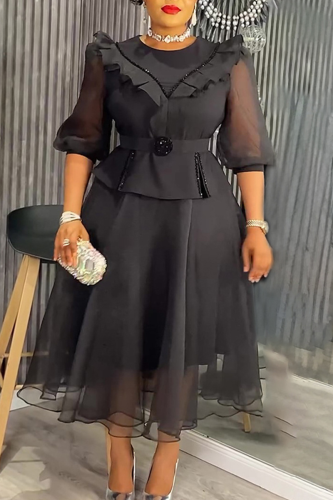 Black Elegant Solid Color With Belt Mesh O Neck A Line Plus Size Dresses