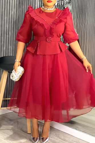 Red Elegant Solid Color With Belt Mesh O Neck A Line Plus Size Dresses