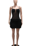 Black Sexy Solid Color See-Through Spaghetti Strap Wrapped Skirt Dresses