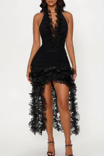 Black Sexy Solid Color Fringed Trim Ruffle V Neck Wrapped Skirt Dresses
