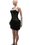 Black Sexy Solid Color See-Through Spaghetti Strap Wrapped Skirt Dresses