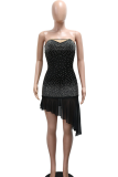 Black Sexy Solid Color Hot Drill Strapless Irregular Dresses
