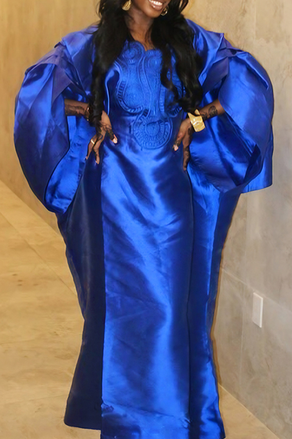 Blue Casual Solid Color Patchwork Square Neck Long Dresses