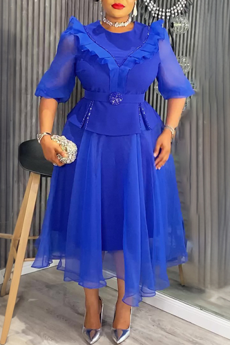 Blue Elegant Solid Color With Belt Mesh O Neck A Line Plus Size Dresses