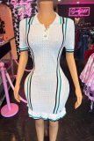 White Sexy Stripe Buttons Contrast Turndown Collar Wrapped Skirt Dresses