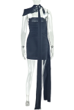Blue Sexy Solid Color Patchwork Strapless Sheath Dresses