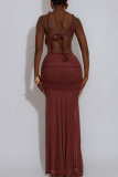 White Sexy Solid Color See-Through Mesh Oblique Collar Long Dresses