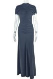 Light Blue Elegant Solid Color Ruched O Neck Long Dresses