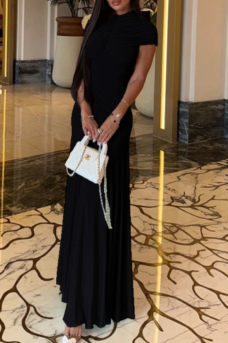 Black Elegant Solid Color Ruched O Neck Long Dresses