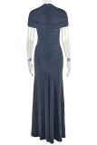 Light Blue Elegant Solid Color Ruched O Neck Long Dresses
