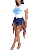 Green Tassel Design Hot Pants Distressed Fringed Denim Shorts