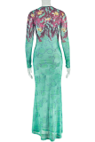 Green Elegant Print Patchwork O Neck Long Dresses