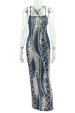 Black Sexy Print Slit Spaghetti Strap Long Dresses