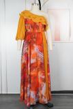Orange Elegant Print Flounce Oblique Collar Long Plus Size Dresses
