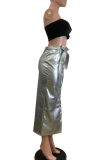Silver Casual Solid Color Strap Design Straight High Waist Patchwork Bottoms