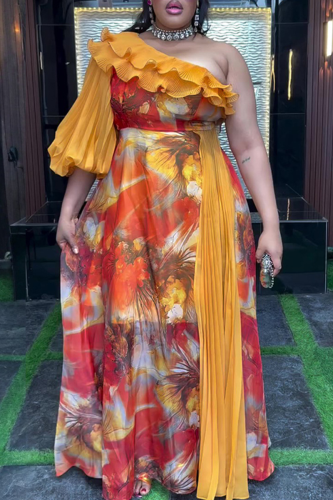 Orange Elegant Print Flounce Oblique Collar Long Plus Size Dresses