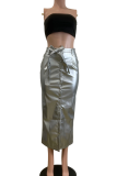 Silver Casual Solid Color Strap Design Straight High Waist Patchwork Bottoms