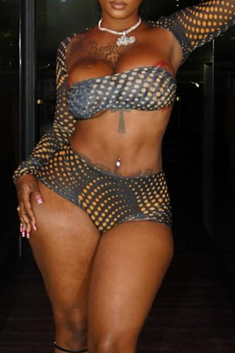 Black Sexy Print Patchwork Strapless Long Sleeve Three Pieces