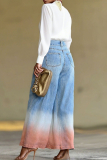 Blue Casual Gradient Patchwork Mid Waist Loose Denim Jeans