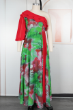 Orange Elegant Print Flounce Oblique Collar Long Plus Size Dresses