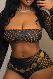 Black Sexy Print Patchwork Strapless Long Sleeve Three Pieces