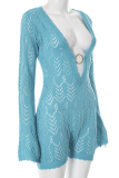 Blue Sexy Solid Color Hollow Out Deep V Neck Skinny Rompers