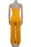 Orange Sexy Ripple Patchwork Strapless Loose Jumpsuits