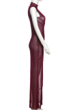Burgundy Sexy Solid Color See-Through O Neck Long Dresses