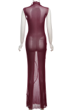 Burgundy Sexy Solid Color See-Through O Neck Long Dresses