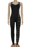 Black Sexy Solid Color Patchwork Spaghetti Strap Skinny Jumpsuits