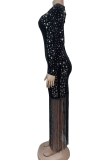 Black Sexy Solid Color Fringed Trim Hot Drill Square Neck Long Dresses
