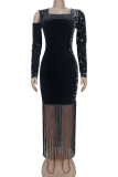 Black Sexy Solid Color Fringed Trim Hot Drill Square Neck Long Dresses