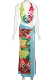 Colour Sexy Print High Slit Halter Sleeveless Two Pieces