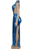 Blue Sexy Solid Color Slit Turtleneck Long Dresses