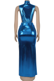 Blue Sexy Solid Color Slit Turtleneck Long Dresses