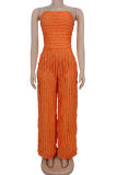 Orange Sexy Ripple Patchwork Strapless Loose Jumpsuits