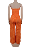 Orange Sexy Ripple Patchwork Strapless Loose Jumpsuits