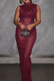 Burgundy Sexy Solid Color See-Through O Neck Long Dresses