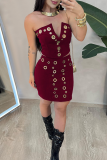 Black Sexy Solid Color Patchwork Strapless Sleeveless Two Pieces