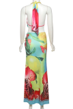 Colour Sexy Print High Slit Halter Sleeveless Two Pieces