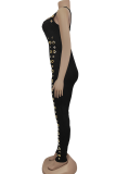 Black Sexy Solid Color Patchwork Spaghetti Strap Skinny Jumpsuits