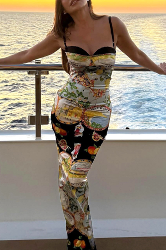 Yellow Sexy Print Patchwork Spaghetti Strap Long Dresses