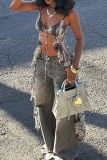 Grey Sexy Print Strap Design Spaghetti Strap Tops