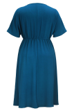 Blue Casual Solid Color Draw String V Neck Long Plus Size Dresses