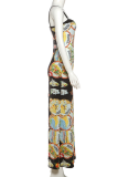 Yellow Sexy Print Patchwork Spaghetti Strap Long Dresses