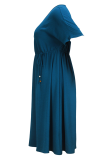 Blue Casual Solid Color Draw String V Neck Long Plus Size Dresses