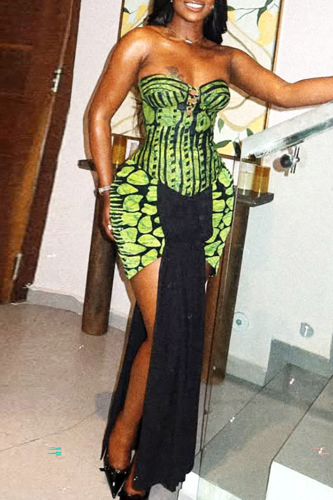 Green Sexy Print Backless Strapless Long Dresses