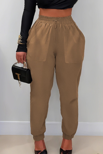 Khaki Casual Solid Color Pocket Bodycon Mid Waist Conventional Patchwork Bottoms